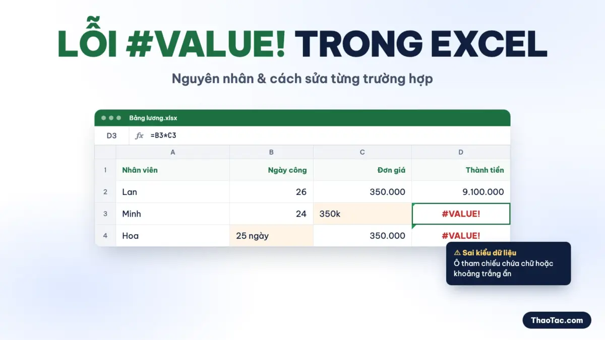 Lỗi #VALUE! trong Excel - nguyên nhân và cách sửa từng trường hợp