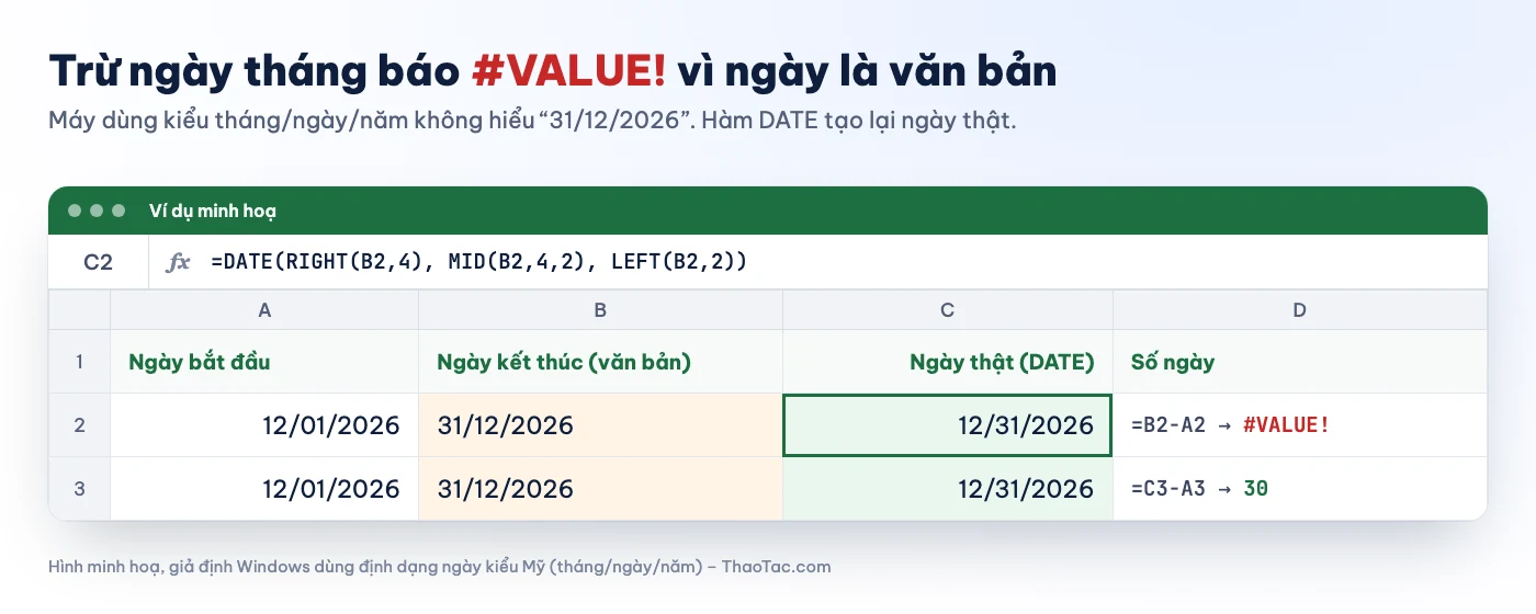 Trừ ngày tháng dạng văn bản báo lỗi #VALUE! trong Excel và cách tạo ngày thật bằng hàm DATE